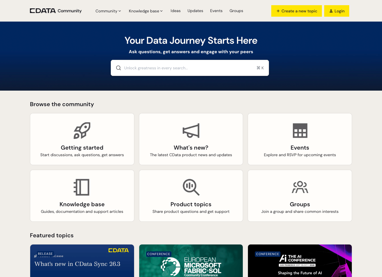 CData Community homepage with navigation bar, search box, and six main sections: Getting started, News, Events, Knowledge base, Product topics, and Groups. Explore the Customer Community to connect with peers and browse featured topics displayed at the bottom.