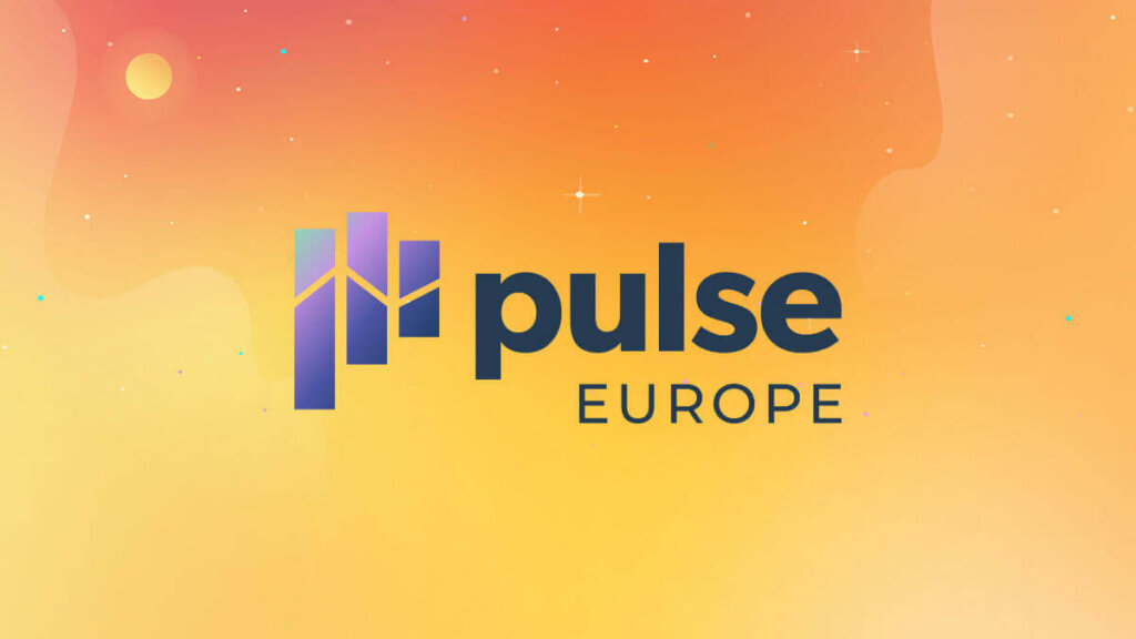 Pulse Europe logo with a stylized purple and blue bar graph icon on an orange gradient background with small sparkles and a faint sun in the top left corner.