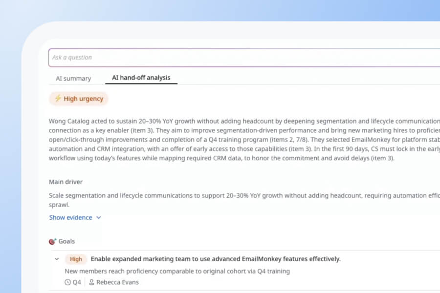 A computer screen displays a Customer Success AI platform interface with an “AI hand-off analysis” section, highlighting “High urgency” and details about marketing team goals and automation improvements for a company.