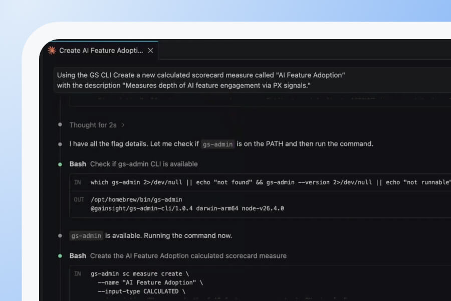 A computer screen displays code for creating an AI feature adoption scorecard in Gainsight CS, including command-line instructions, outputs, and checks for the availability of the gs-admin CLI tool—an essential resource often used by Customer Success teams during Demo Center sessions.
