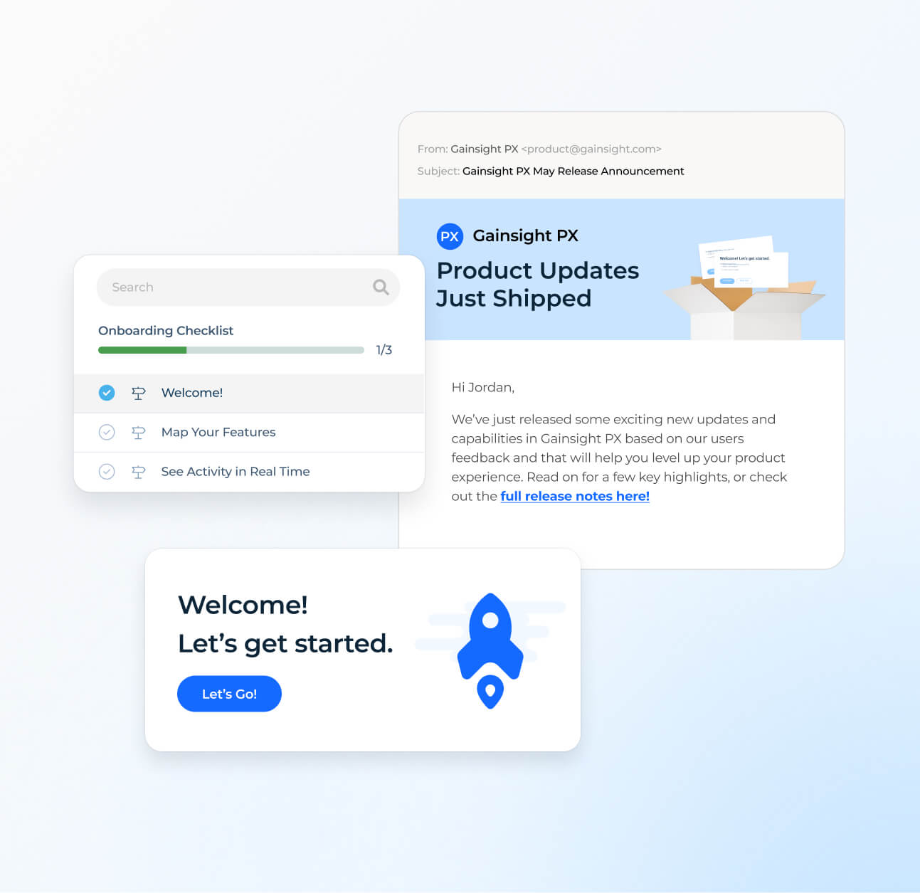 Three UI cards elevate the Product Experience: an onboarding checklist, an email about product updates with a box icon, and a welcome screen featuring a rocket icon and a “Welcome! Let’s get started. Let’s Go!” button.