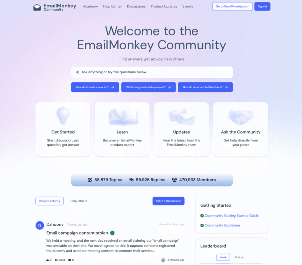 Screenshot of the EmailMonkey Community homepage showing a welcome message, navigation menu, and sections for getting started, learning, updates, and asking the community. Designed to foster strong customer communities, the page also features a forum list and recent activity on the lower half.