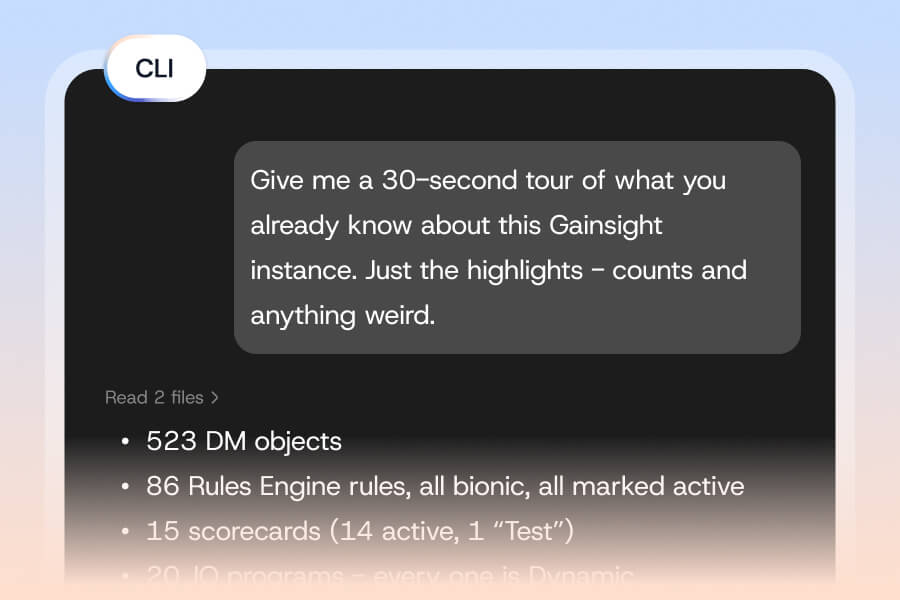 A chat window in the Demo Center requests a 30-second summary of a Gainsight CS instance. Bullet points showcase Customer Success stats like 523 DM objects, 86 active rules, and 15 active scorecards.