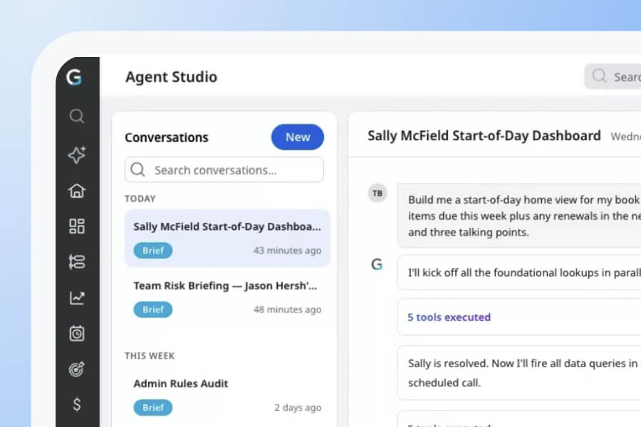 A screenshot of a dashboard interface with a sidebar menu, conversation list, and chat window showing a discussion about the Customer Success start-of-day dashboard in Gainsight CS.