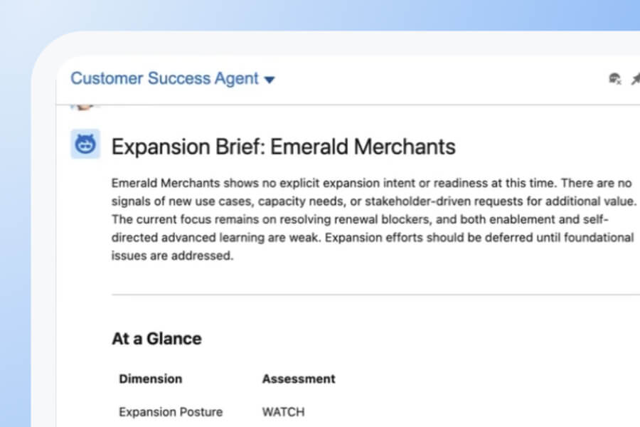 A computer screen displays a report titled “Expansion Brief: Emerald Merchants” in Gainsight CS, summarizing business readiness and assessments, with sections visible for dimension and assessment details.