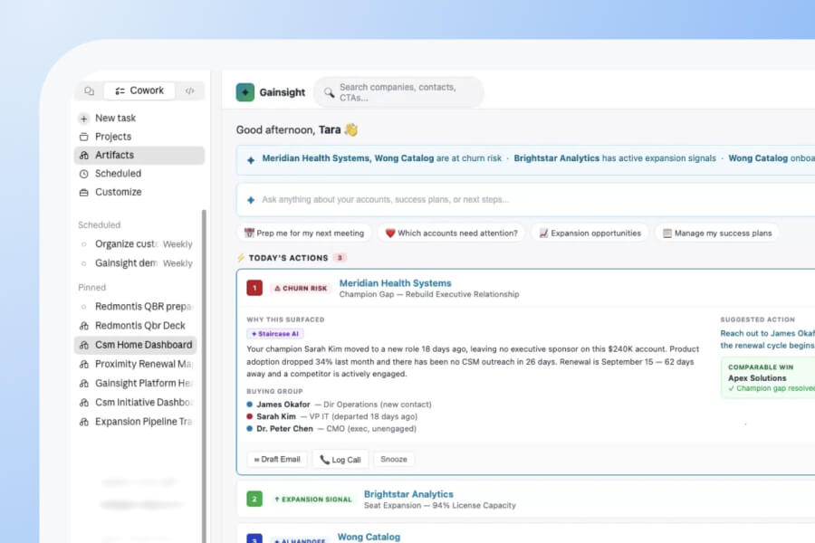 A computer screen displays a project management dashboard with navigation menus, tasks, and updates focused on Customer Success, including messages about client accounts. The clean interface features white and blue design elements.