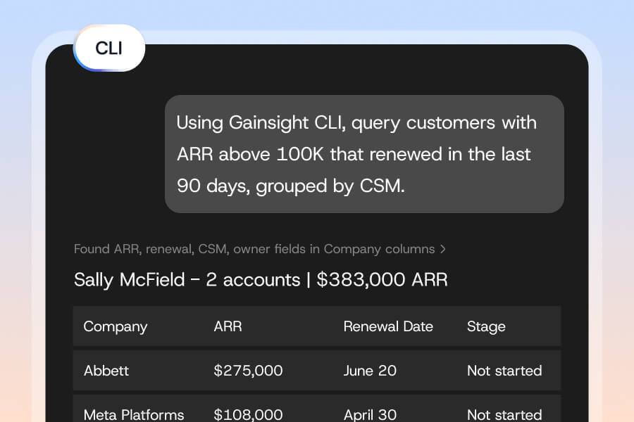 A screenshot shows a query in Gainsight CS CLI for customers with ARR over $100K renewed in 90 days, grouped by CSM, displaying results for Sally McField: 2 accounts, $383,000 ARR, company and renewal data.