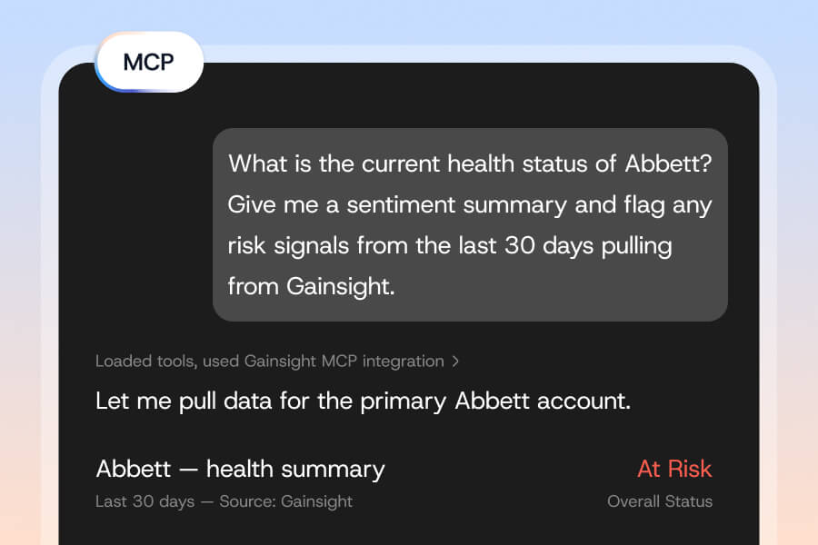 A Demo Center dashboard displays a request for Abbett’s health status, summarizing “Abbett — health summary” and an “At Risk” red flag based on the last 30 days of Gainsight CS data.