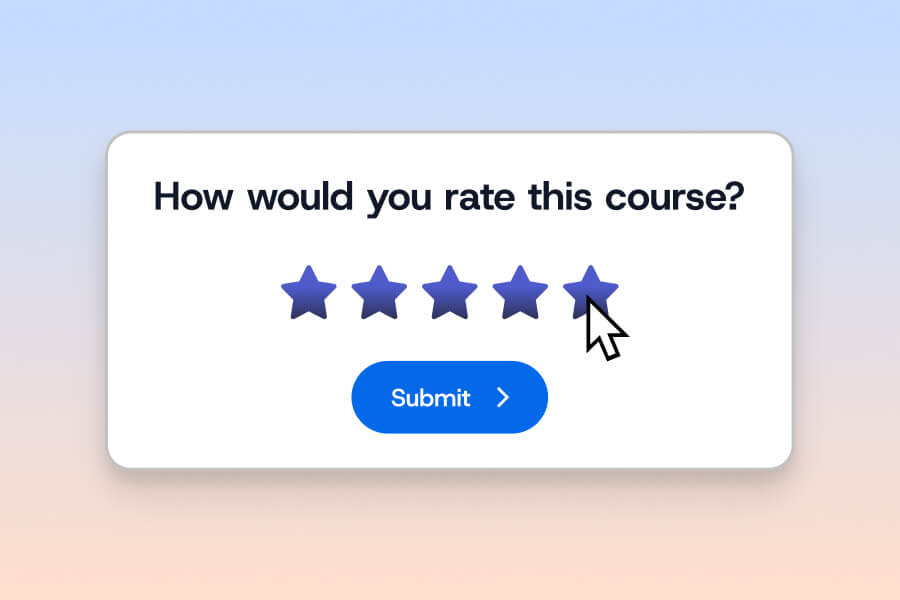 A Skilljar rating form asks, “How would you rate this course?” Five stars are shown, with a cursor selecting the fifth star. Below is a blue “Submit” button in the Demo Center.