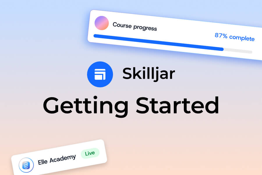 Skilljar Getting Started text, with floating graphics: a progress bar showing “Course progress 87% complete” and a label “Elle Academy Live” with an academy icon—explore more in the Demo Center.
