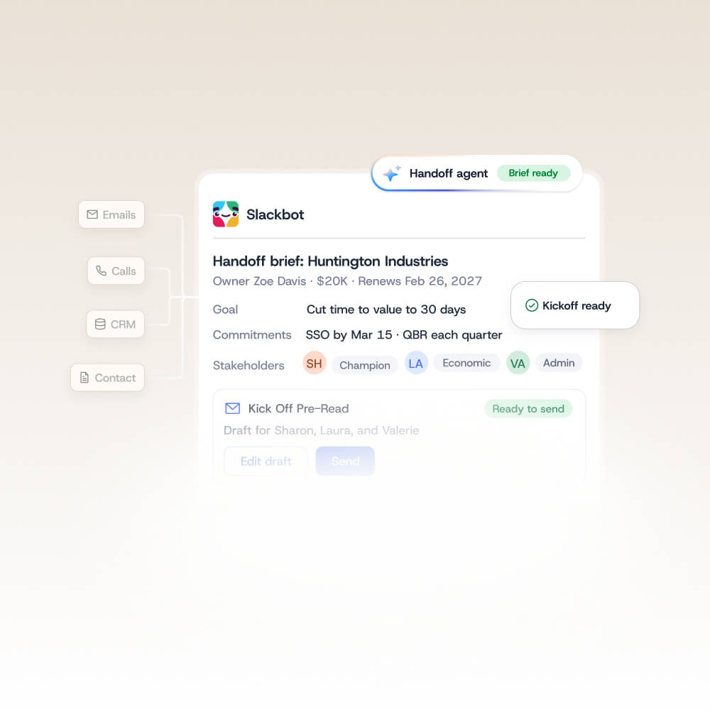 Slackbot interface showing a handoff brief for Huntington Industries, including goal, commitments, stakeholder labels, and a “Ready to send” draft for a kickoff meeting.