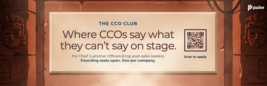 An advertisement for The CCO Club at Pulse Europe 2026, reading “Where CCOs say what they can’t say on stage” for post-sales leaders focused on the agentic economy, including a QR code to apply.