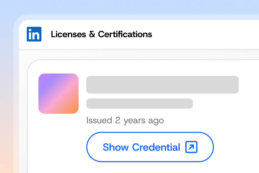 A LinkedIn licenses and certifications section featuring a Skilljar icon, blurred text, “Issued 2 years ago,” and a “Show Credential” button with an external link to the Demo Center.