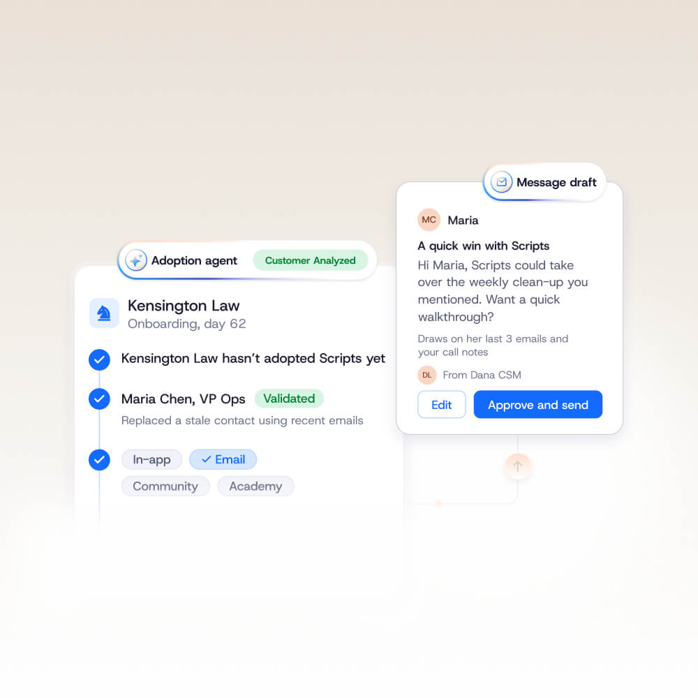 Software interface showing an “Adoption agent” status for Kensington Law and a drafted email message to Maria regarding Scripts.