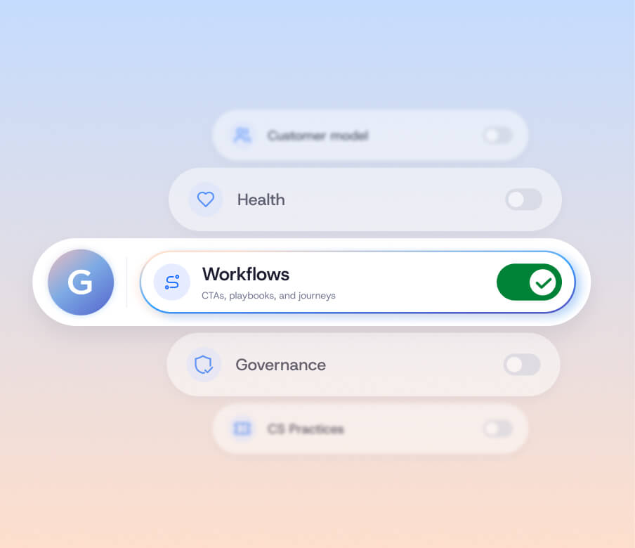 A Staircase AI settings menu showing “Workflows” enabled, with a green toggle switch and the subtext “CTAs, playbooks, and journeys.”