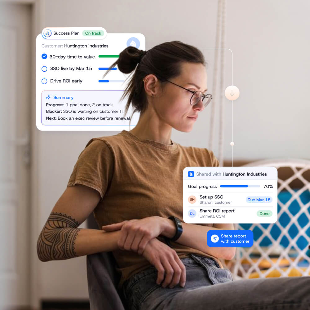 A woman sits in a chair while Gainsight CS project tracking overlays float beside her, displaying goals, progress bars, and status updates for a client named Huntington Industries.