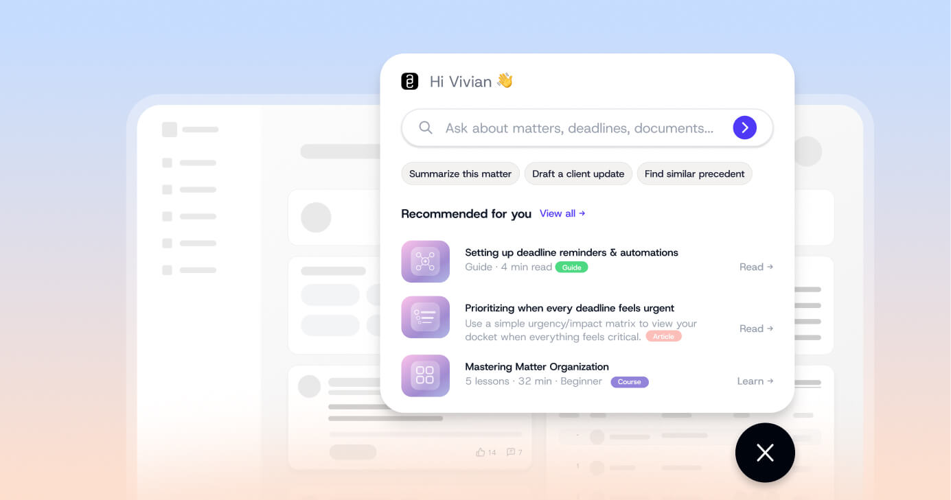 A software interface overlay titled “Hi Vivian” featuring a search bar, suggested prompts, and a list of recommended articles and courses.