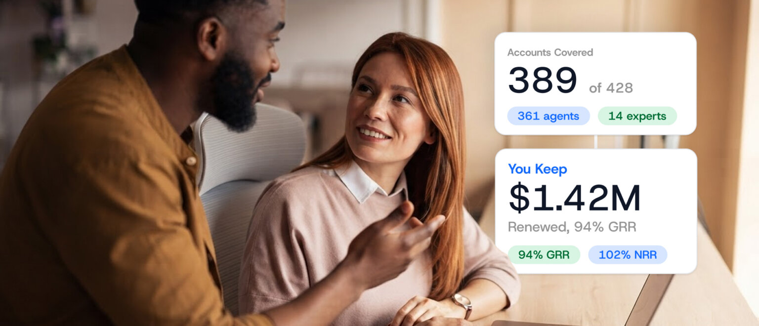 A man and a woman sit at a desk discussing business data displayed in two digital cards showing account coverage and revenue metrics.